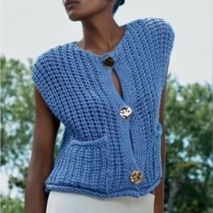 Zara Blue Chunky Knit Cardigan Vest